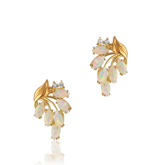 14K Yellow gold fancy earrings with diamonds and opal