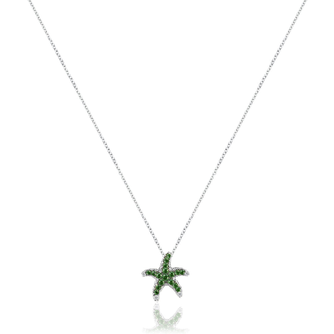 14K White goldstar fish necklace with diamonds and green tsavorite