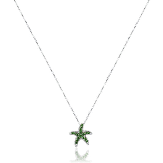 14K White goldstar fish necklace with diamonds and green tsavorite