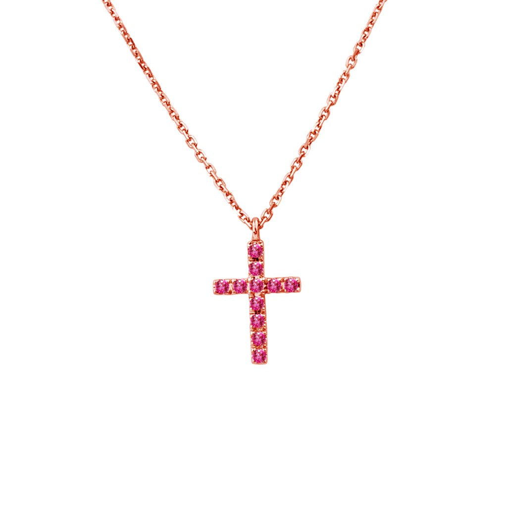 14K ROSE GOLD PINK SAPPHIRE CROSS NECKLACE