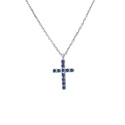 14K WHITE GOLD BLUE SAPPHIRE CROSS NECKLACE