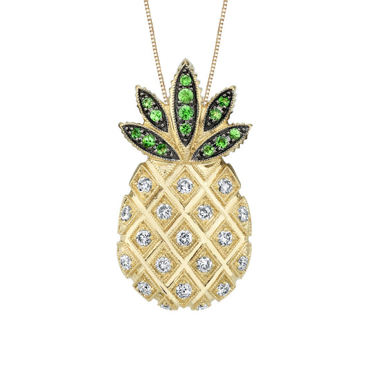 14K YELLOW GOLD PINEAPPLE NECKLACE WITH DIAMONDS AND TSAVORITES