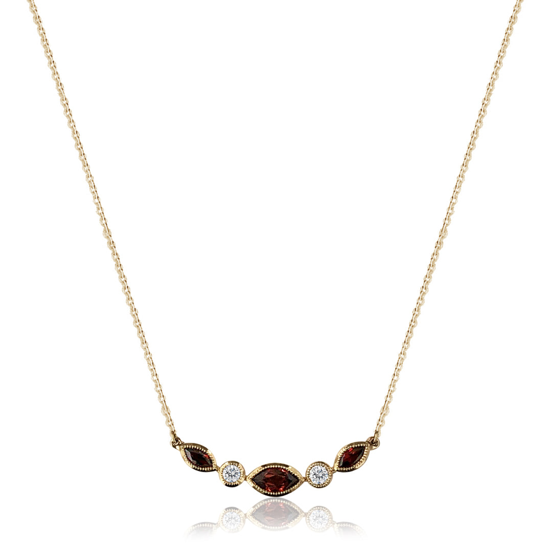 14K Yellow gold necklace with garnet and diamonds