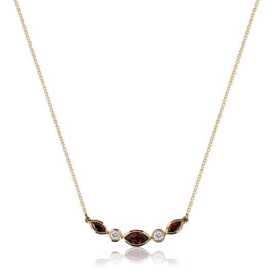 14K Yellow gold necklace with garnet and diamonds