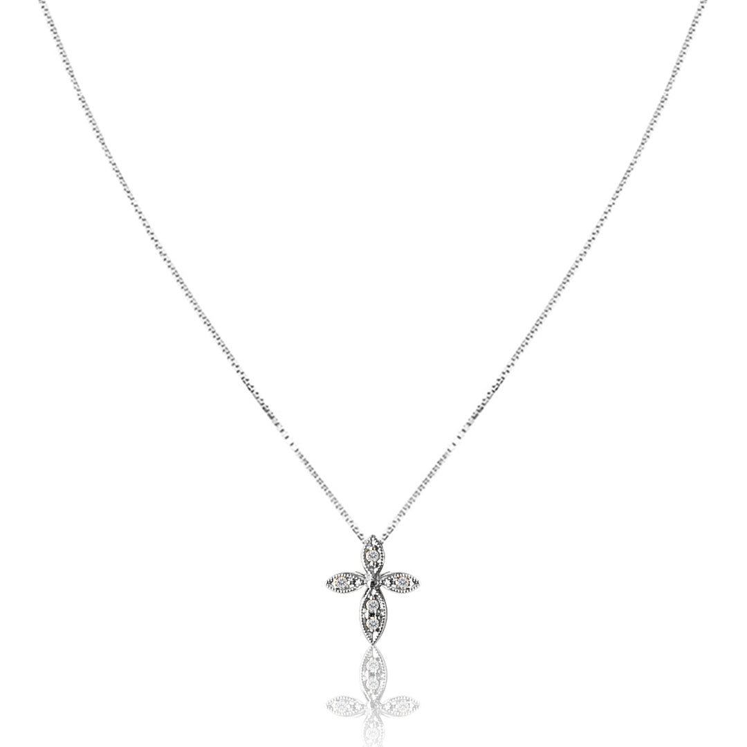 14K White gold cross necklace with diamonds