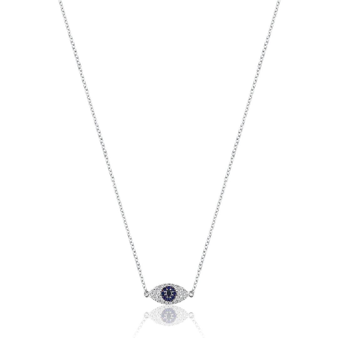 14K White gold evil eye protector necklace with diamonds and blue sapphire