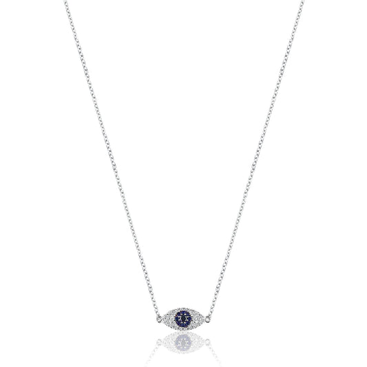 14K White gold evil eye protector necklace with diamonds and blue sapphire