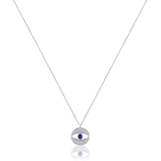 14K White gold round evil eye protector necklace with diamonds and blue sapphire