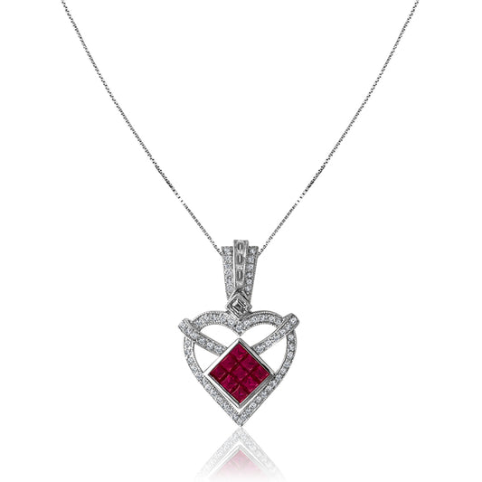 14K White gold heart necklace with diamonds and center ruby