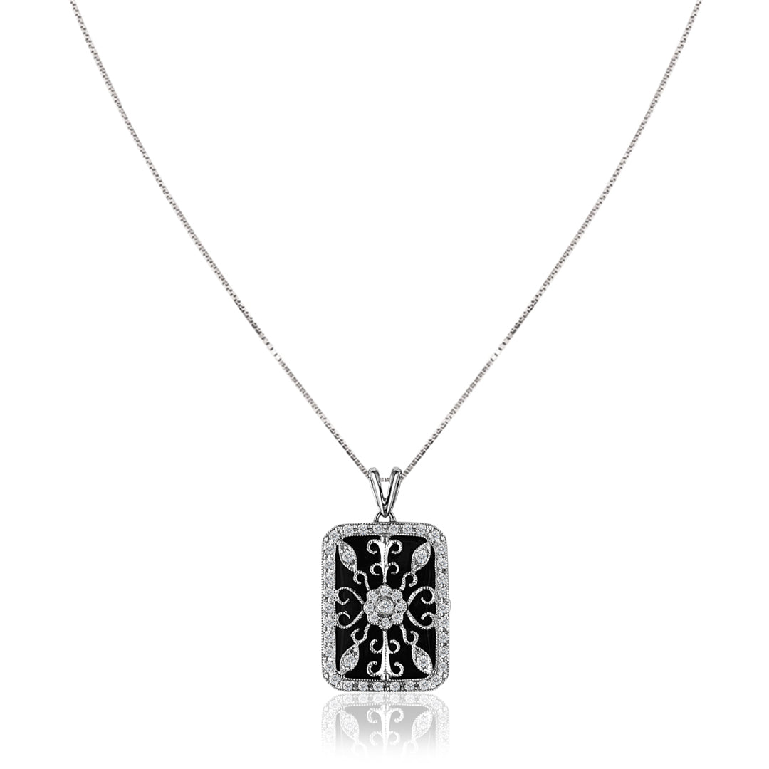 14K White gold pendant necklace with black onyx and diamonds