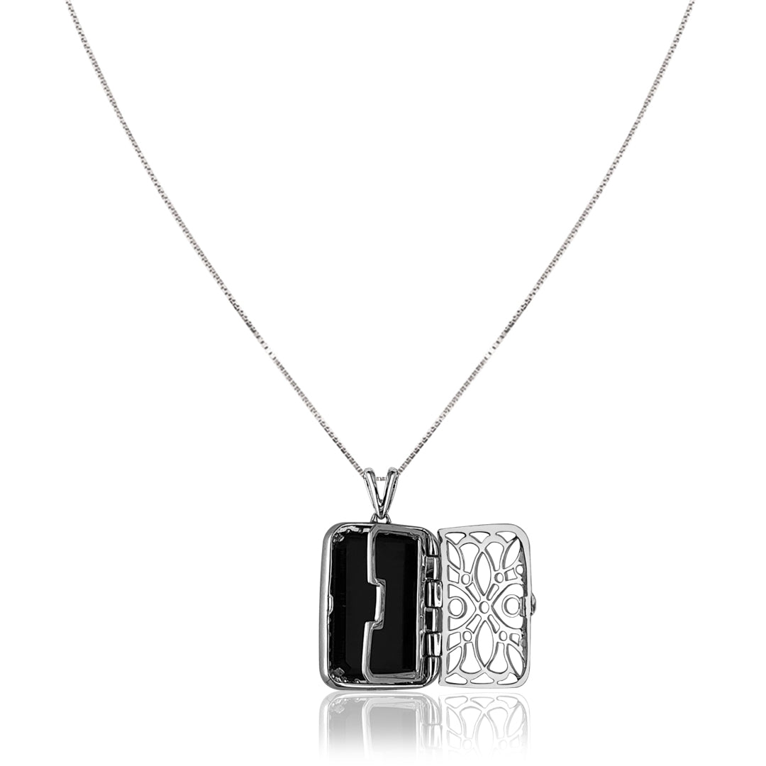 14K White gold pendant necklace with black onyx and diamonds