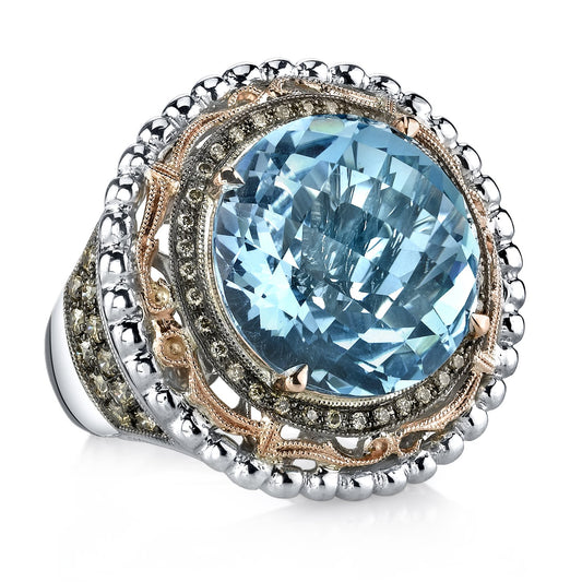 14K GOLD AND 925 STERLING SILVER DIAMOND AND BLUE TOPAZ FASHION RING