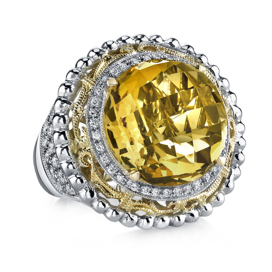 14K GOLD AND 925 STERLING SILVER DIAMOND AND CITRINE FASHION RING