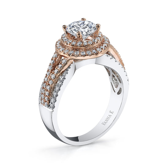 18K TWO TONE DOUBLE HALO DIAMOND ENGAGEMENT RING