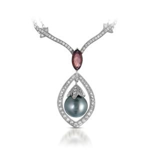 18K WHITE GOLD NECKLACE WITH DIAMONDS TOURMALINE AND NATURAL PEARL