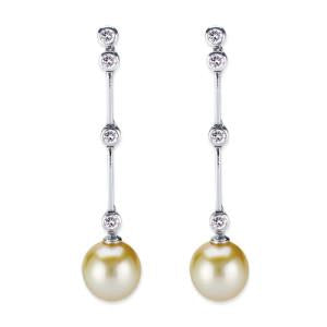 18K WHITE GOLD DIAMOND DANGLE EARRINGS WITH YELLOW PEARL