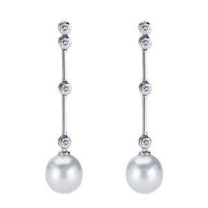 18K WHITE GOLD DIAMOND DANGLE EARRINGS WITH WHITE PEARL