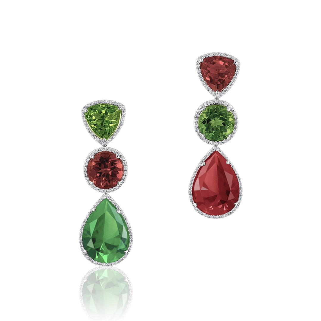 18K White gold dangle earrings diamonds pink and green tourmaline