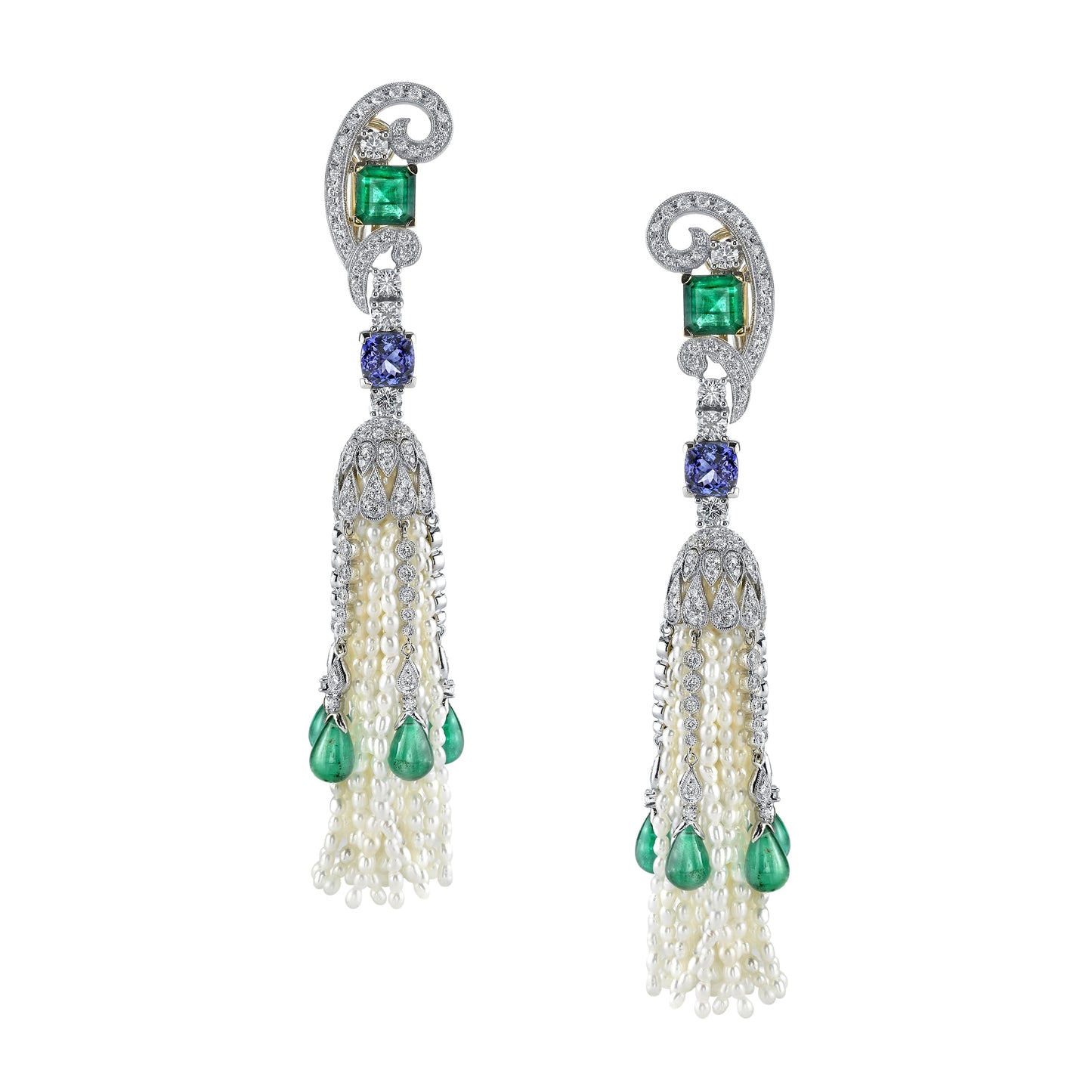 18K WHITE GOLD SEED PEARL EMERALD TANZANITE AND DIAMOND EARRINGS