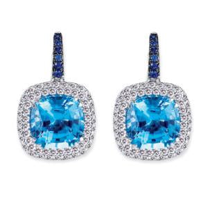 18K WHITE GOLD EARRINGS WITH DIAMONDS SAPPHIRES AND CENTER BLUE TOPAZ