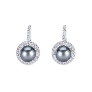 18K WHITE GOLD DIAMOND EARRINGS WITH BLACK PEARL