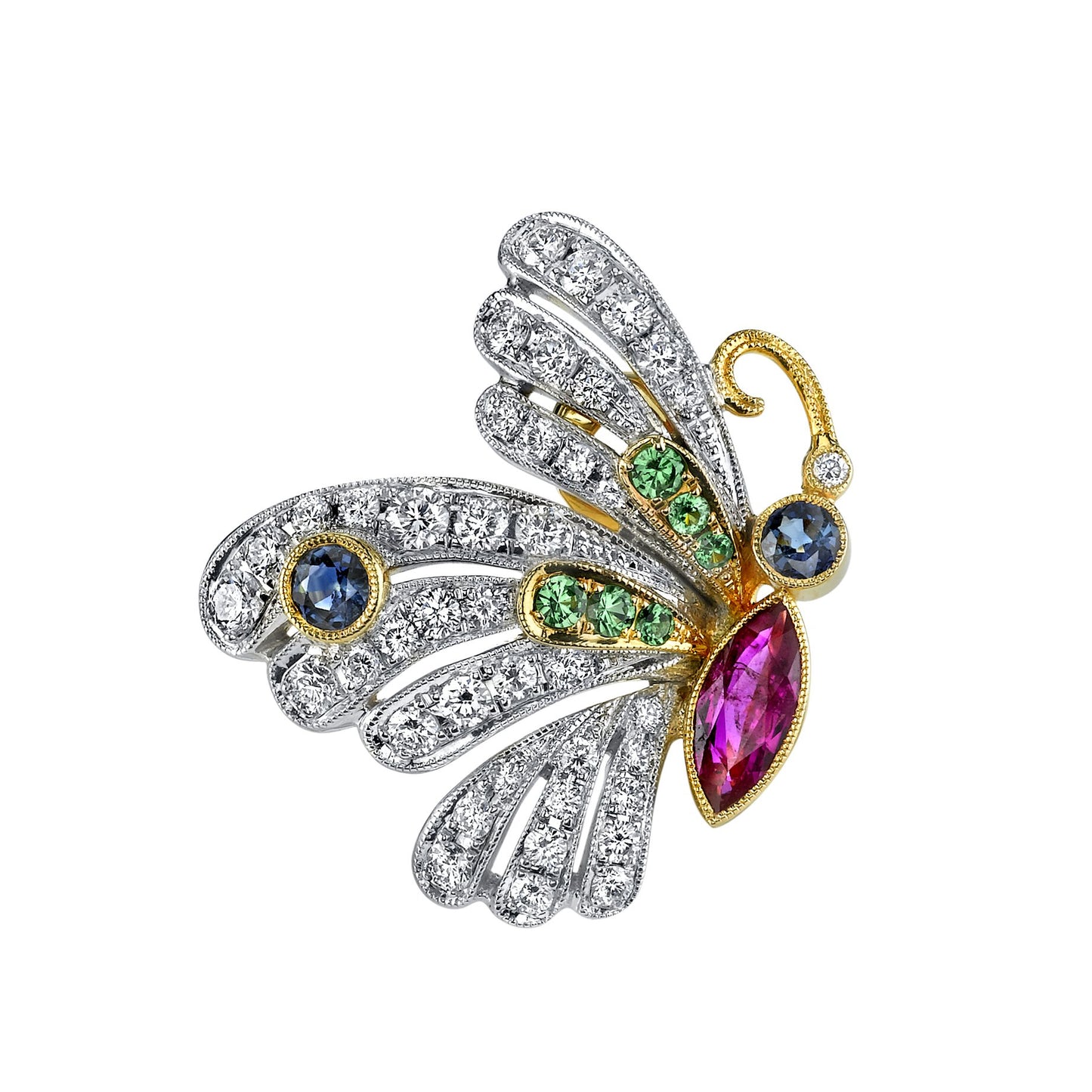 18K TWO TONE BUTTERFLY DIAMOND RUBY AND SAPPHIRE EARRINGS