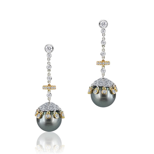 18K Two tone dangle earrings with diamonds and black pearl