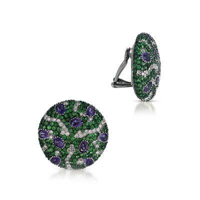 18K WHITE GOLD BUTTON EARRINGS WITH DIAMONDS TSAVORITES AND AMETHYSTS