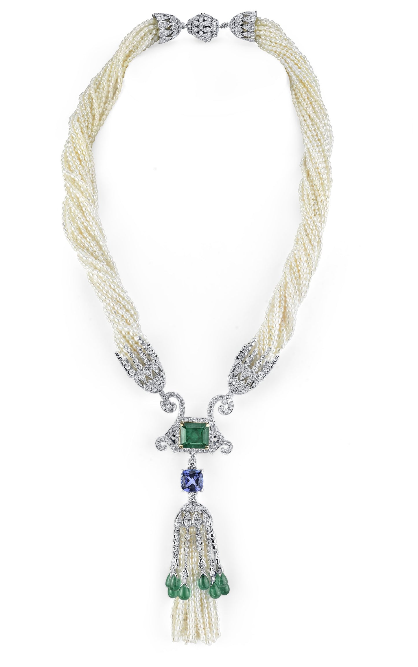 18K SEAD PEARL NECKLACE WITH EMERALDS DIAMONDS AND TANZANITE