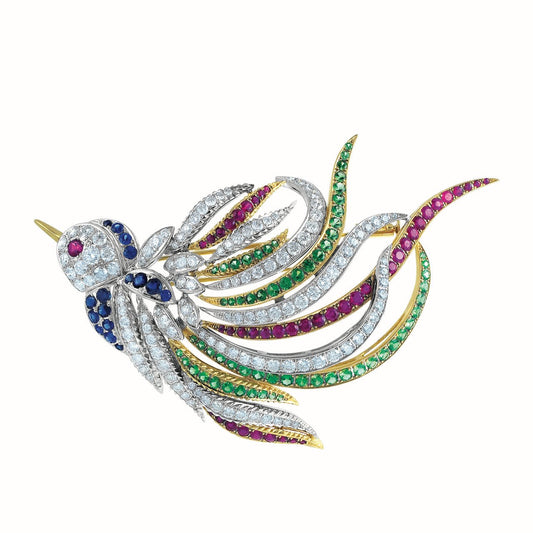 18K WHITE AND YELLOW DIAMOND RUBY SAPPHIRE AND TSAVORITE EXOTIC BIRD BROOCH