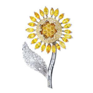 18K WHITE GOLD SUNFLOWER BROOCH WITH DIAMONDS AND SAPPHIRES