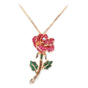 18K ROSE GOLD ROSE PENDANT NECKLACE WITH DIAMOND SAPPHIRES AND TSAVORITE