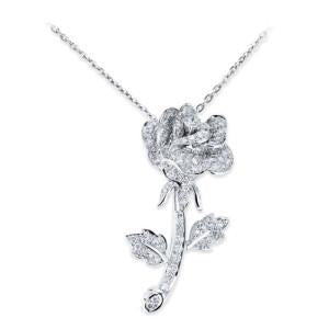 18K WHITE GOLD ROSE PENDANT NECKLACE WITH DIAMONDS