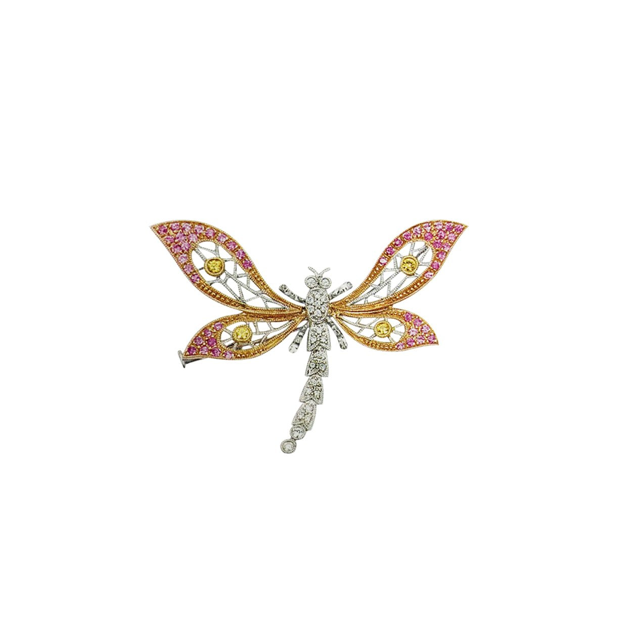 18K TRI COLOR GOLD DRAGONFLY BROOCH WITH DIAMONDS AND SAPPHIRES