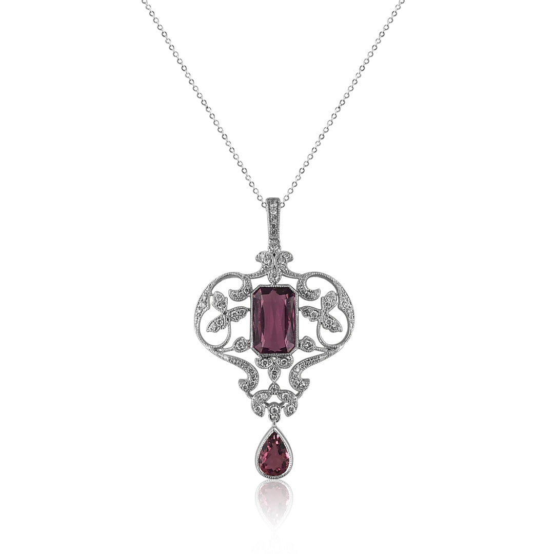 18K White gold necklace diamonds and pink tourmaline