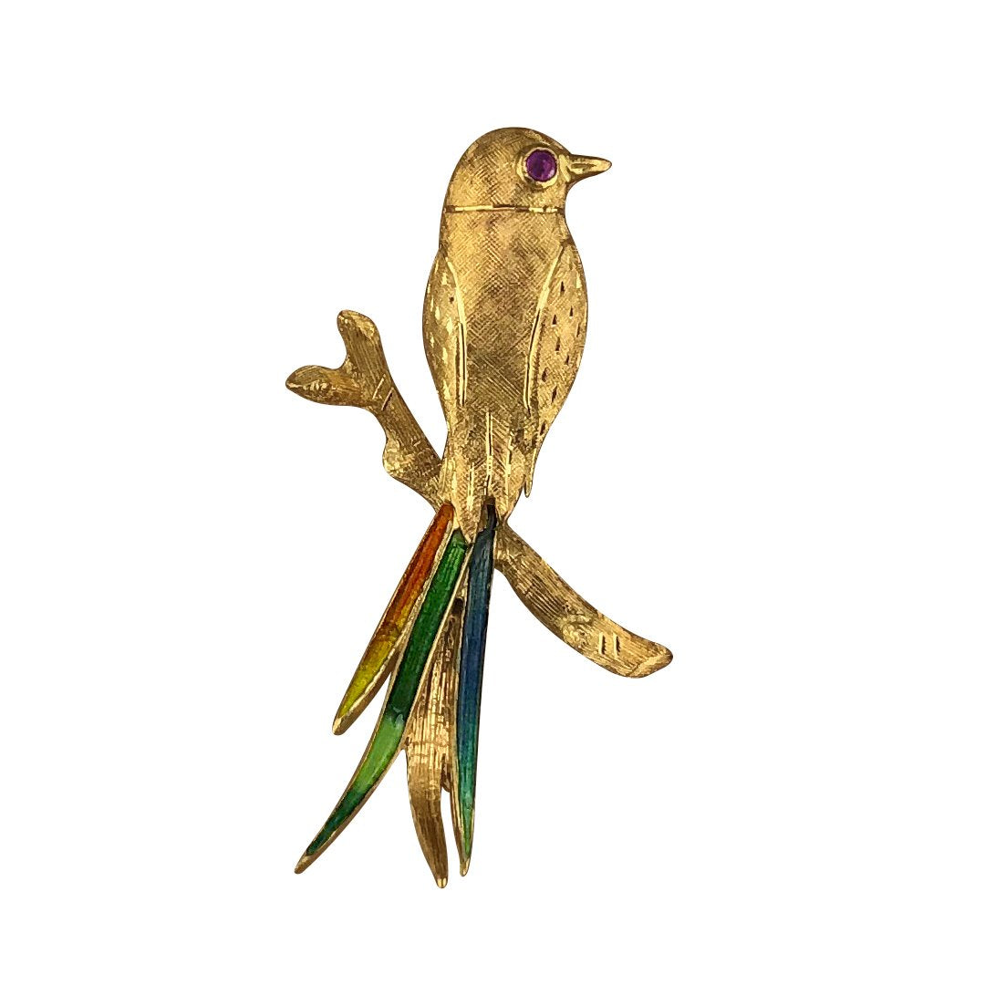 18K YELLOW GOLD BIRD BROOCH/PIN WITH RUBIES AND ENAMEL