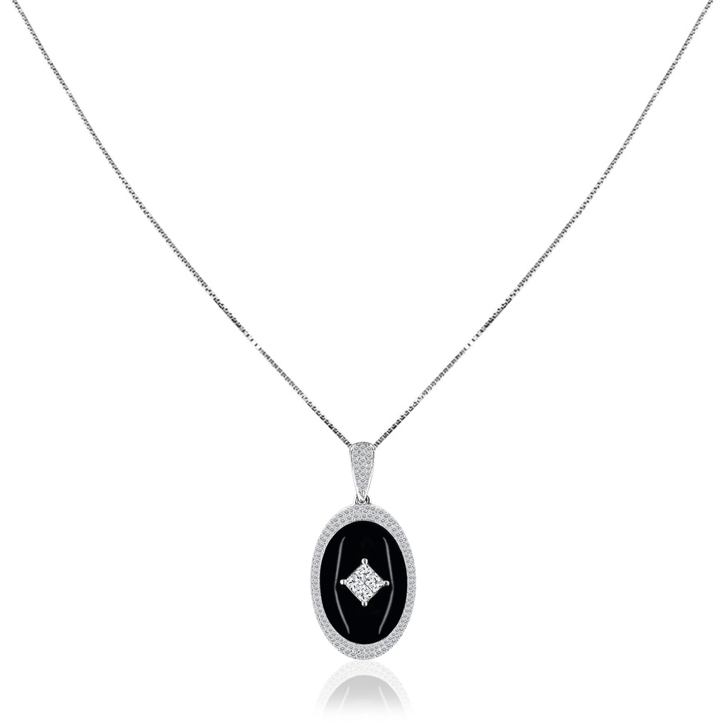 18K White gold oval onyx pendant necklace with diamonds