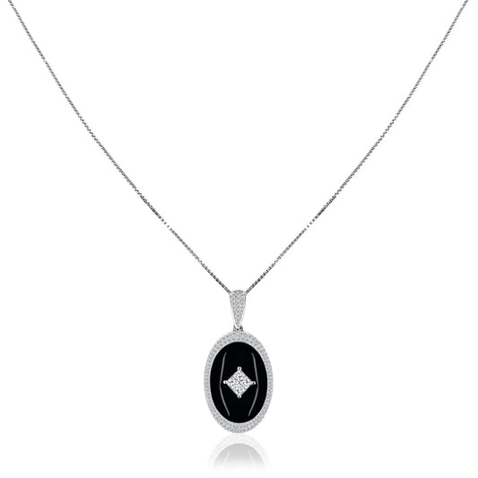 18K White gold oval onyx pendant necklace with diamonds