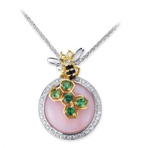 18K TWO TONE BEE DIAMOND NECKLACE WITH TSAVORITE ROSE QUARTZ AND BLACK AGATE