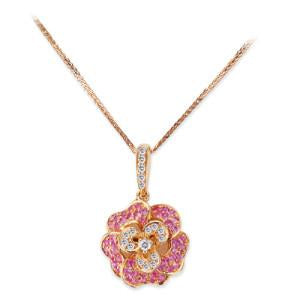 18K ROSE GOLD FLOWER PENDANT NECKLACE WITH DIAMONDS AND SAPPHIRES