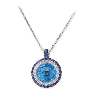 18K WHITE GOLD PENDANT NECKLACE WITH DIAMONDS SAPPHIRES AND BLUE TOPAZ