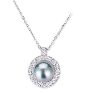 18K WHITE GOLD PENDANT NECKLACE WITH DIAMONDS AND CENTER PEARL