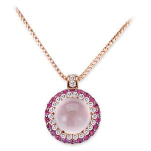 18K ROSE GOLD PENDANT NECKLACE WITH DIAMONDS SAPPHIRES AND ROSE QUARTZ