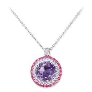 18K WHITE GOLD PENDANT NECKLACE WITH DIAMONDS SAPPHIRES AND AMETHYST