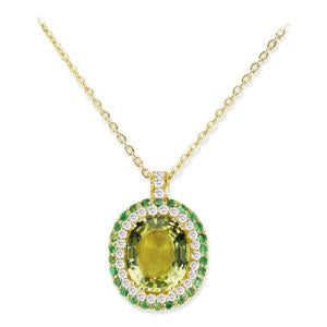 18K YELLOW GOLD PENDANT NECKLACE WITH DIAMONDS TSAVORITE AND LEMON QUARTZ