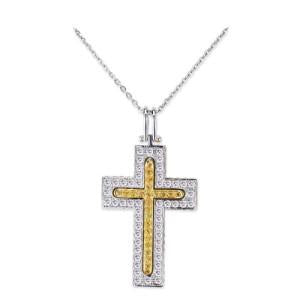 18K WHITE GOLD CROSS PENDANT NECKLACE WITH DIAMONDS AND SAPPHIRES