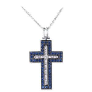 18K WHITE GOLD CROSS PENDANT NECKLACE WITH BLUE SAPPHIRES AND DIAMONDS