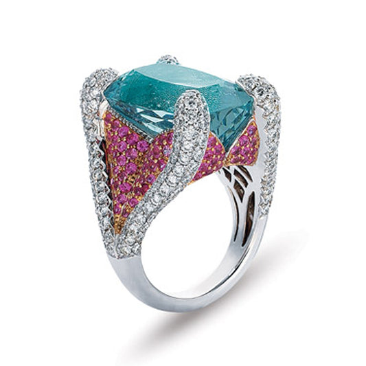 18K White gold ring with diamonds sapphires and blue topaz