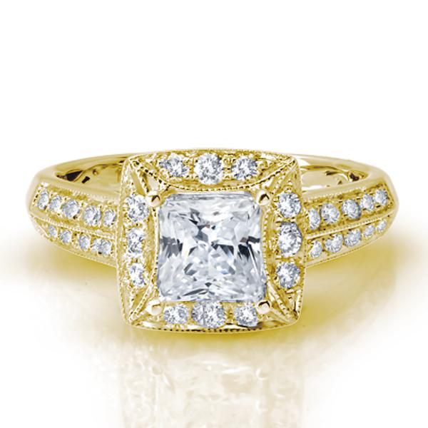 18K YELLOW GOLD HALO DIAMOND ENGAGEMENT RING