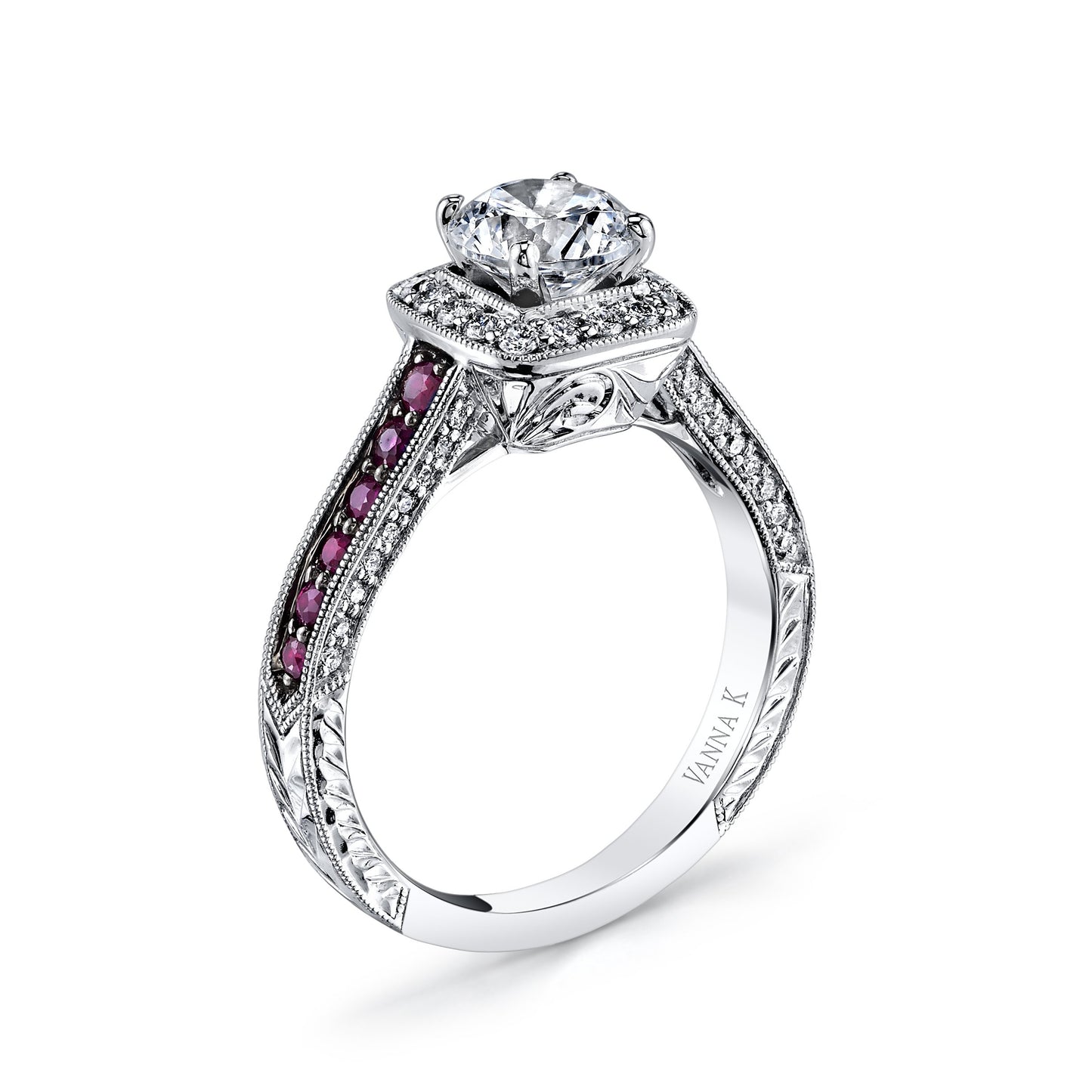 18K WHITE GOLD HALO DIAMOND AND RUBY ENGAGEMENT RING